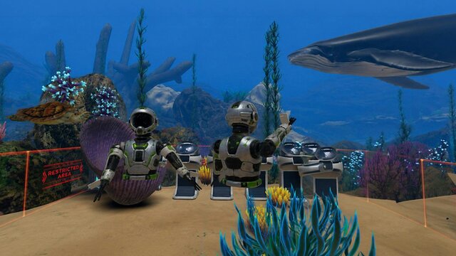 A scene from the Reef Rangers VR experience with robots, aquatic life and a whale