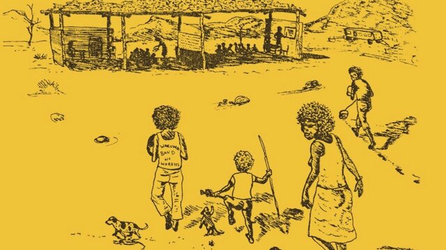 Thomas Stevens, Kantina, Kuula, Ngurra, 1985, nla.gov.au/nla.obj-3285322250 Yellow and black illustrations of families in the remote Aboriginal community of Papunya