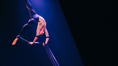 A lone aerialist performs on an aerial silk