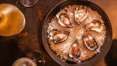 Signature Oysters, Pomegranate Mignonette, Yoghurt Pearl