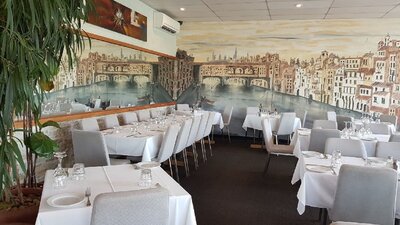 Empty restaurant setting with mural on wall