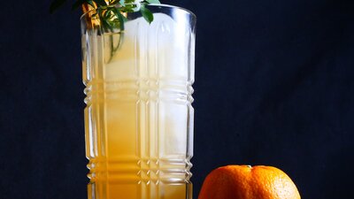 Cocktail in a tall glass with a mandarin.