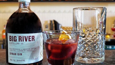 Big River Syrah Gin and negroni Syrah Gin bottle and negroni cocktail