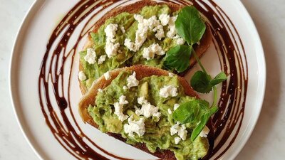 Three mills sourdough, smashed avocado, fetta, balsamic glaze