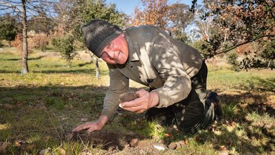 Dick holding a truffle that Bella has located in the soil
