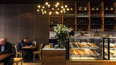 Cafe interior with cake displays