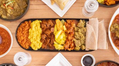 Range of Ethiopian dishes photographed from above