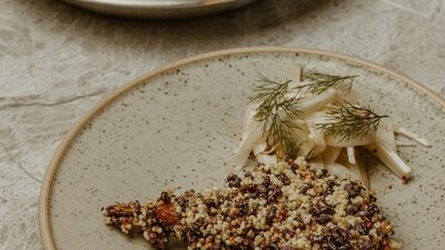 twice cooked quail, puffed grains, pickle fennel