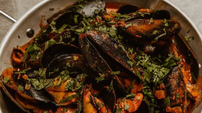 mussels, nduja sauce, coriander