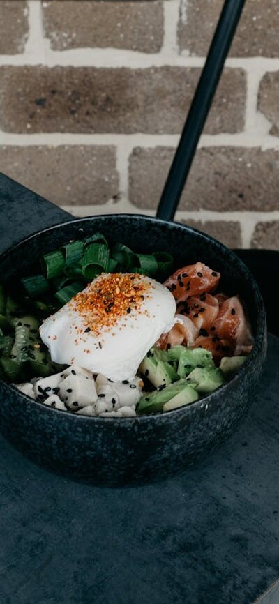 bowl of food on grey table