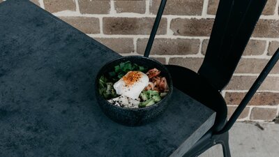 bowl of food on grey table