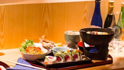 Tray of various japanese dishes