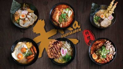 Six different ramen dishes on a wooden table.