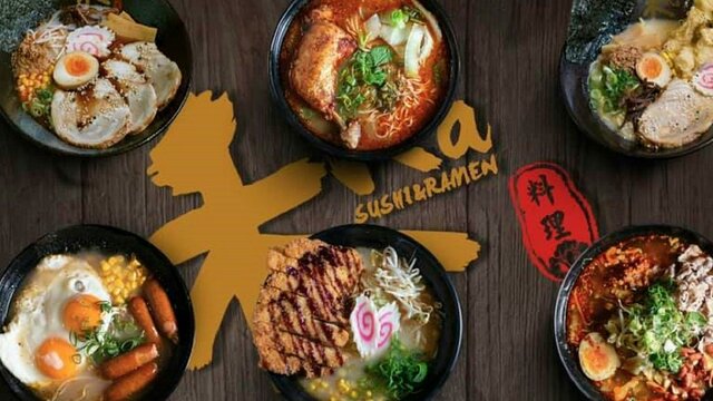 Six different ramen dishes on a wooden table.