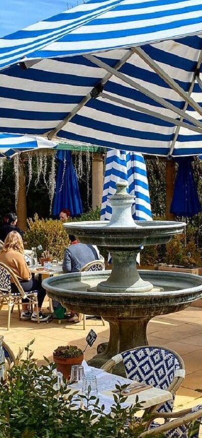 An outdoor cafe with large umbrellas to provide shade