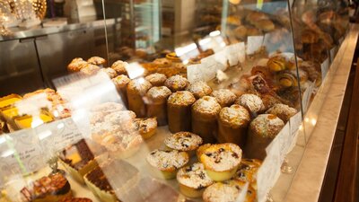 Display case of pastries and cakes