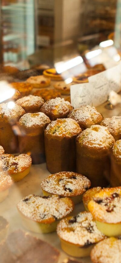 Display case of pastries and cakes