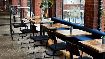 Row of seating inside cafe