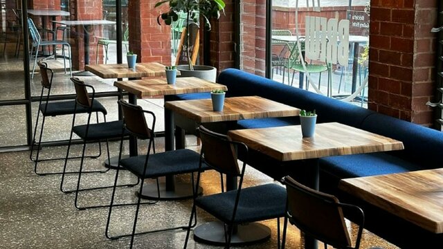 Row of seating inside cafe