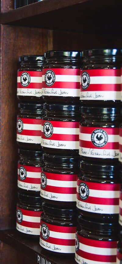 Shelves of homemade jams and preserves at the Long Track Pantry, Jugiong