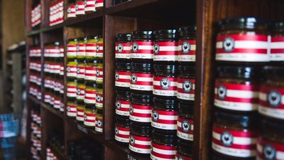 Shelves of homemade jams and preserves at the Long Track Pantry, Jugiong