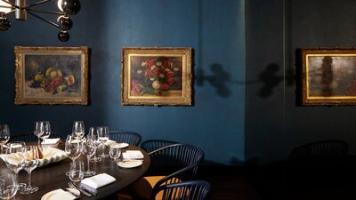 A dimly lit restaurant interior