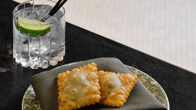 A creative dish and drink presented on a table