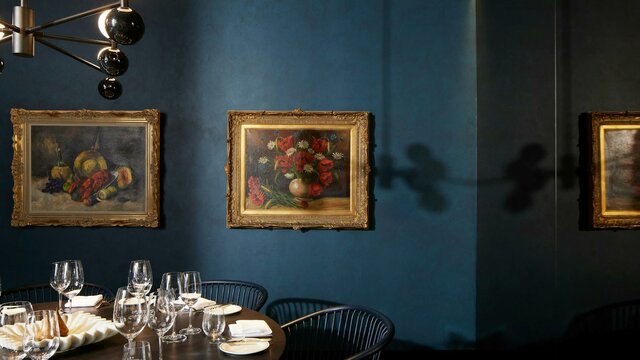 A dimly lit restaurant interior