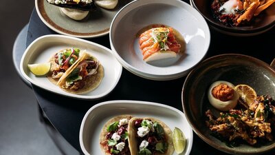 Miso Eggplant, Kingfish Sashimi, Cauliflower Tacos, Duck Tacos,  Fried King Brown Mushrooms