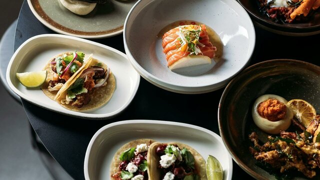 Elevated Street Food Miso Eggplant, Kingfish Sashimi, Cauliflower Tacos, Duck Tacos, Fried King Brown Mushrooms