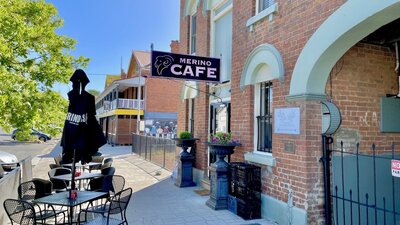 image of outside sitting area and exterior of Merino Cafe