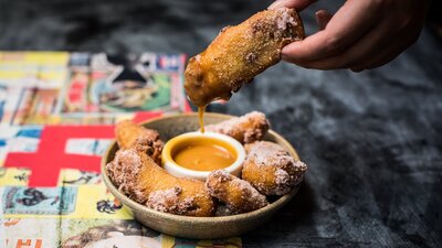 Pineapple Banana Fritters with Rum Butterscotch