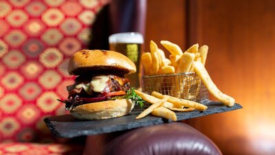 Beef Burger, chips and a beer