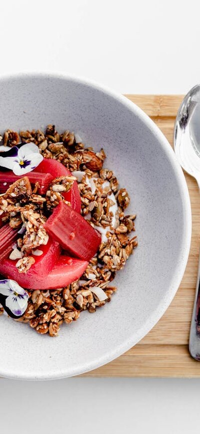 Homemade Granola with Poached Pears and Rhubarb