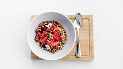 Homemade Granola with Poached Pears and Rhubarb