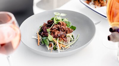 Lemon grass & ginger braised beef cheek w/ sweet potato noodles & crunchy vegetables