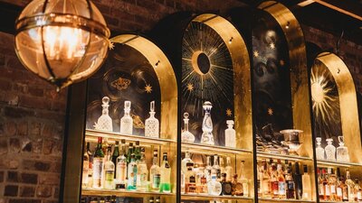Beautiful decorated bar wall and shelves