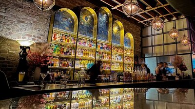 Beautiful decorative shelves behind bar