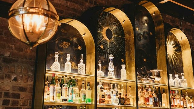 Beautiful decorated bar wall and shelves