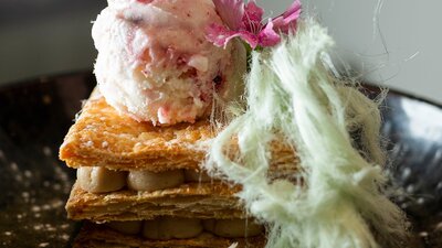 Dessert - strawberry ice cream, fairy floss, and light pastry