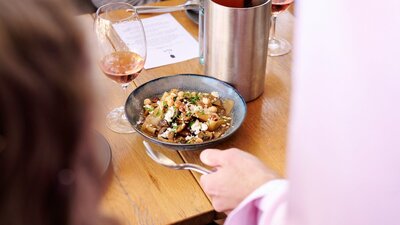 pappardelle with mushrooms, chevre & hazelnuts