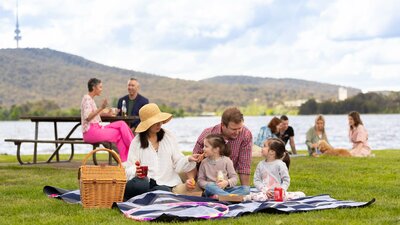 A family having a picnic on green grass in front of a lake