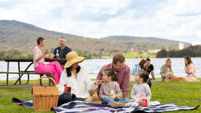 A family having a picnic on green grass in front of a lake