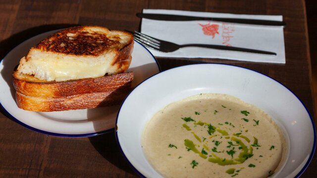Golden 4 Cheese toastie with Leek and Potato Soup winter deal at Snapper & Co. Soup & Toastie Winter Offer at Snapper & Co.