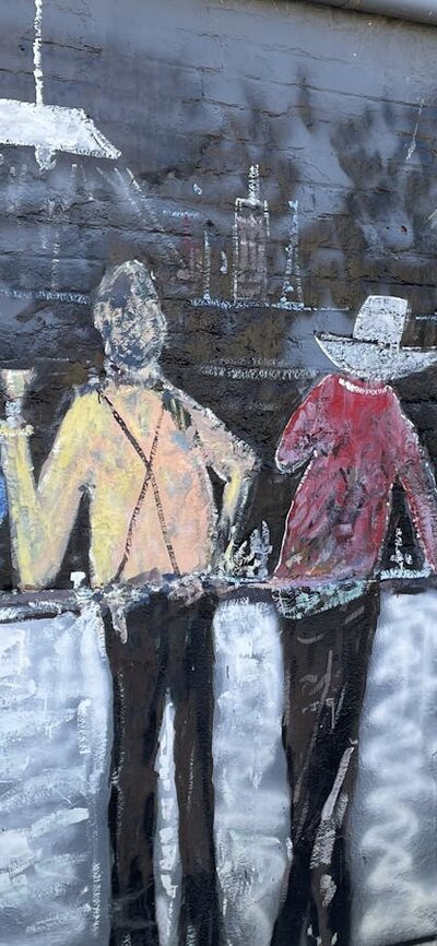 Painting of people standing at bar at Telegraph Hotel