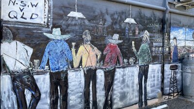 Painting of people standing at bar at Telegraph Hotel