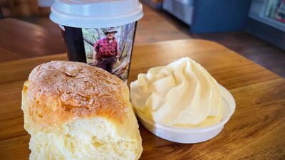 Trappers Bakery Scones with cream and coffee