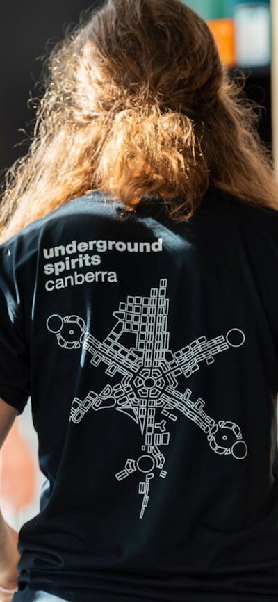 Figure wearing Underground Spirits T-shirt showing the logo