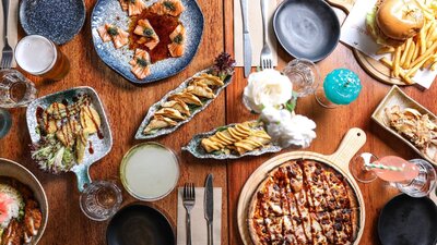 A spread of Asian-style food on a table.