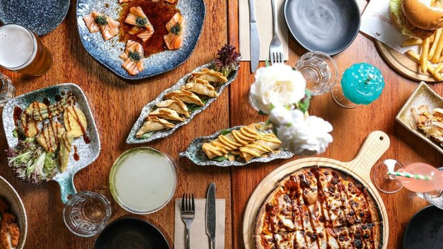 A spread of Asian-style food on a table.
